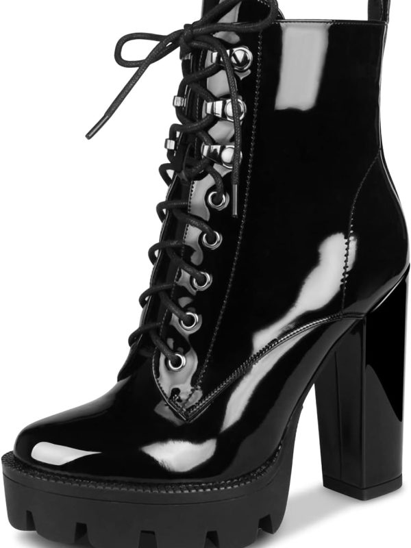 Women's Platform Round-Toe Lace-Up Chunky Heel Boots