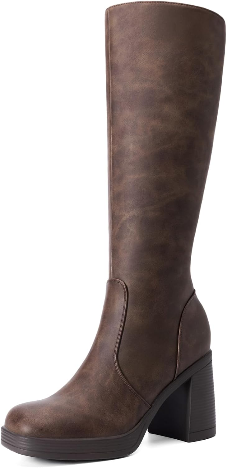 Women's Platform Square-Toe Chunky Heel Knee High Boots