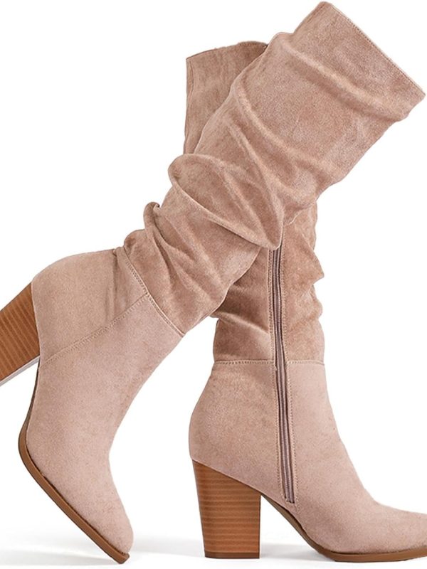 Women's Pointed-Toe Slouchy Knee High Boots with Chunky Heel