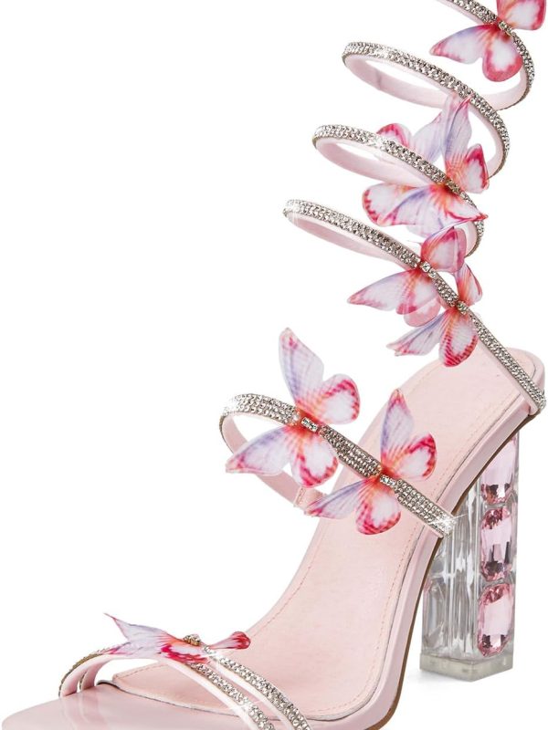 Women's Lace-Up Square-Toe Rhinestone Chunky Heel Sandals