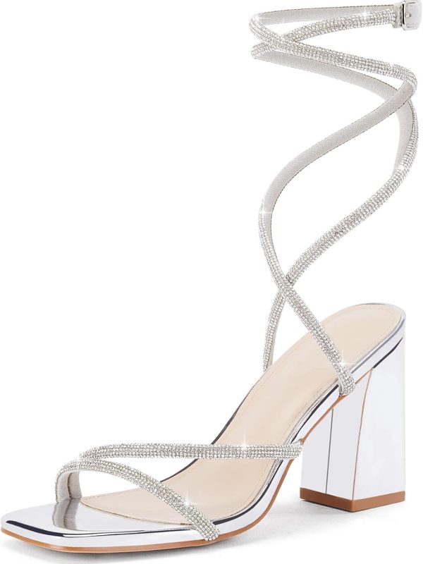 Women's Lace-Up Chunky Heel Rhinestone Open-Toe Sandals