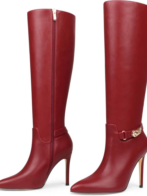 Women's Pointed-Toe Buckle Knee High Heeled Boots