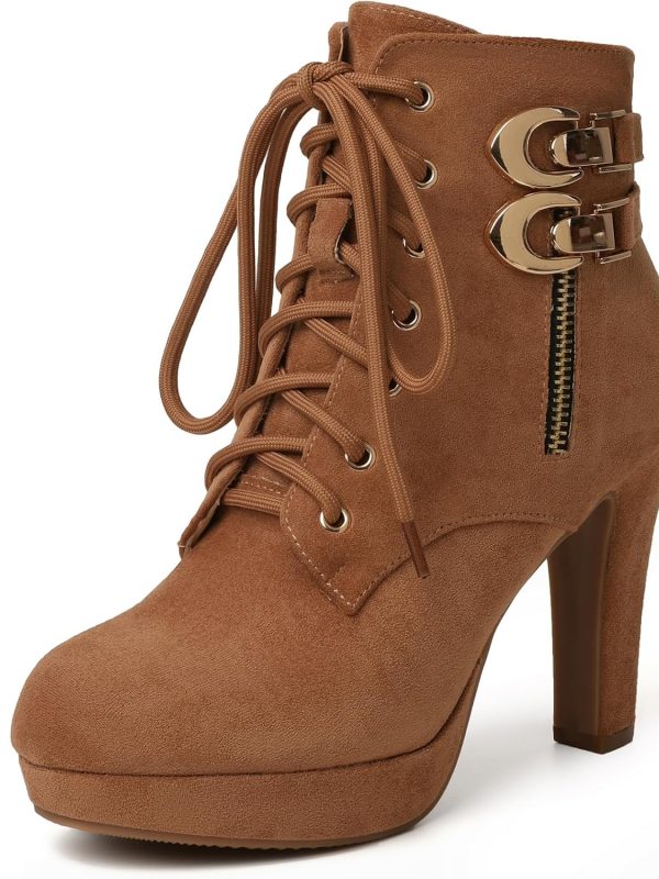 Women's Platform Round-Toe Lace-Up High Heel Mid-Calf Boots